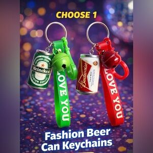 LOVE YOU Beer Can Keychain - Green or Red Silicone Strap
